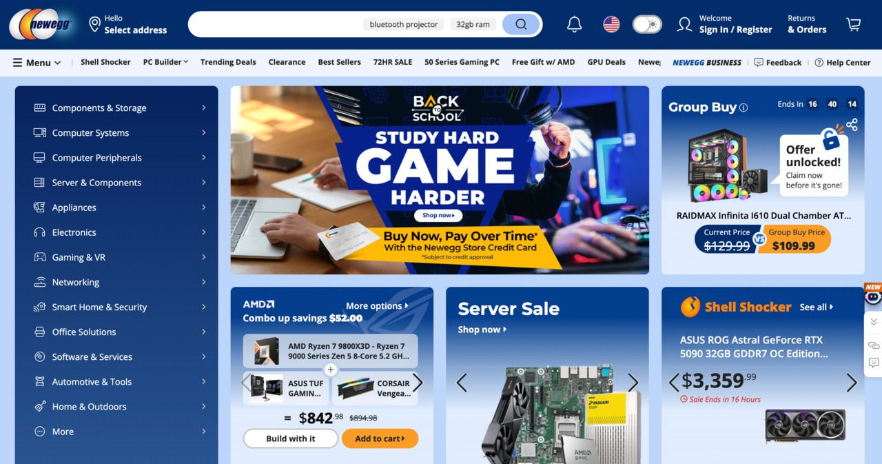 A screenshot of a Newegg landing page.